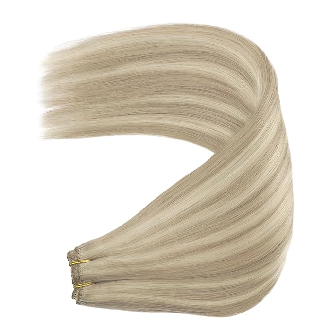 YoungSee Weft Hair Extensions Human Hair Blonde Highlight Human Hair Weft Extensions Warm Ash Blonde Highlights Bleach Blond Soft and Smooth Sew in Bundles Remy Hair 16Inch 100G