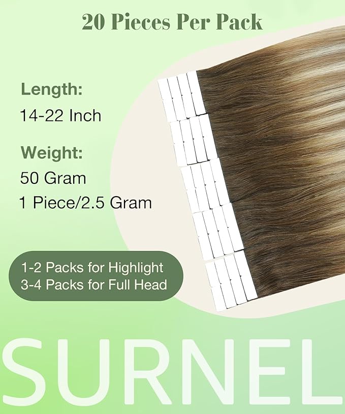 SURNEL Tape in Hair Extensions Balayage Walnut Brown to Ash Brown and Golden Blonde Human Hair Tape in Extensions 14inch 20pcs 50g(#3/8/22-14)