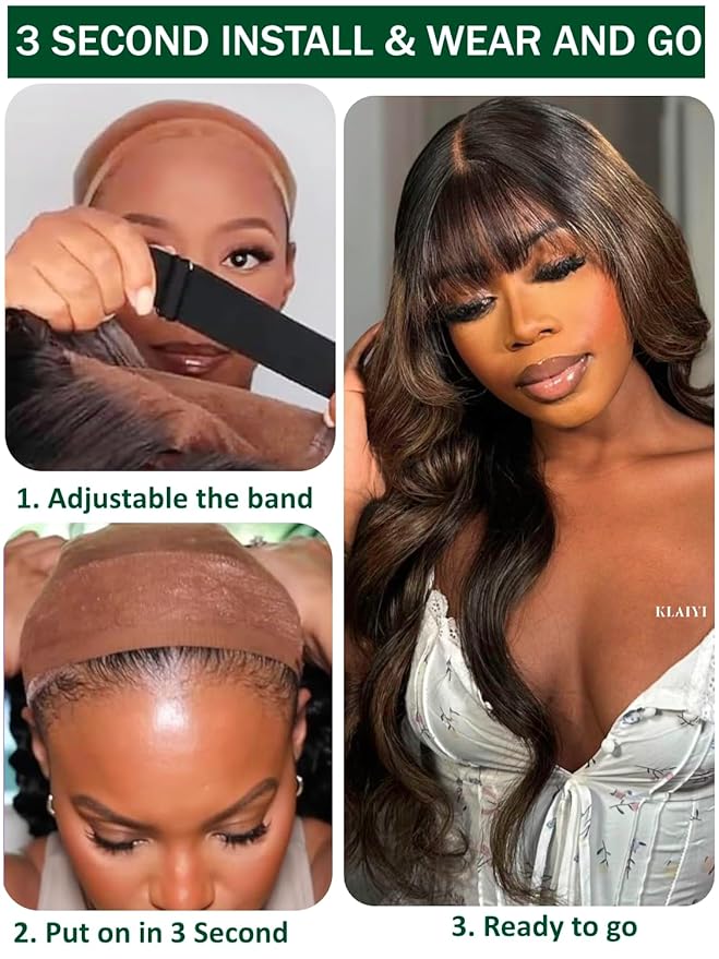 KLAIYI Ombre Brown Loose Body Wave Bye Bye Knots Glueless Precut 7x5 HD Lace Front Human Hair Bang Wig Drawstring Highlight Balayage Brown Pre Plucked Bleached 30S Ready to Wear and Go Wig 180% 14Inch