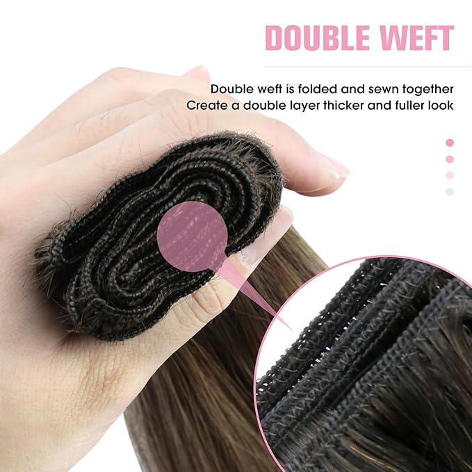 YoungSee 100g Weft Hair Extensions Human Hair Brown Balayage Sew in Hair Extensions Real Human Hair Dark Brown Mix Caramel Blonde Balayage Short Human Hair Weft Extensions 14In