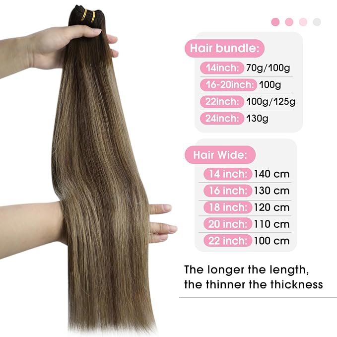 YoungSee 130G Weft Hair Extensions 24 inch Balayage Sew in Hair Extensions Dark Brown with Caramel Blonde Balayage Double Weft Human Hair Extension for Natural Look