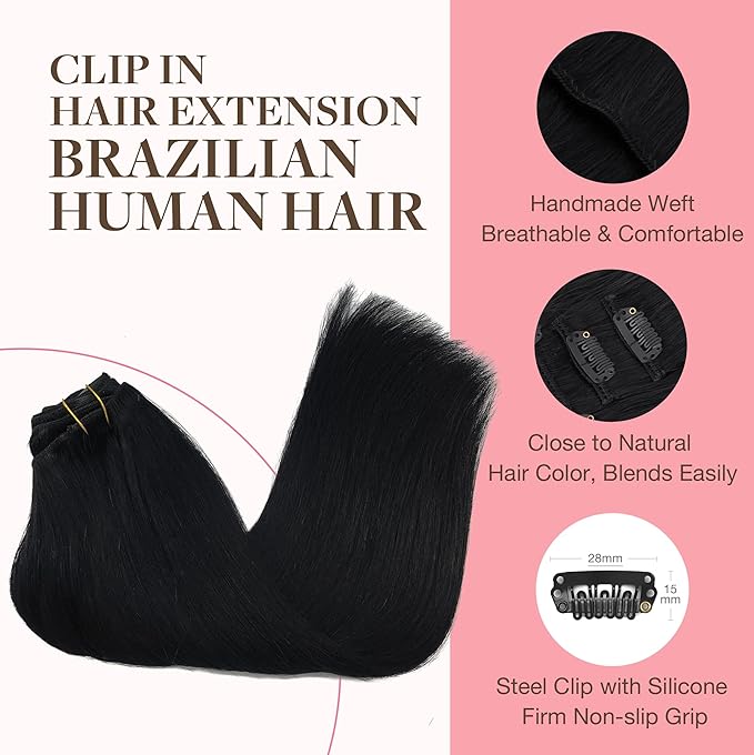 GOO GOO Clip in Hair Extensions Real Human Hair, Remy Human Hair Extensions Clip ins for Women, Natural Human Hair, 20inch 200g 7Pcs, #1 Jet Black