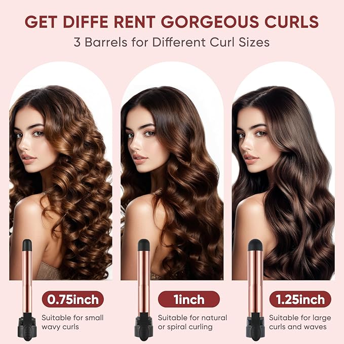 ABNER Rotating Curling Iron Set, Automatic Curling Wand for Long Hair, Easy to Use Hair Curler Get Effortless Beach Waves, 3 Sizes Ceramic Barrel 0.75" 1" 1.25" to 430°F with Home Button, Dual Voltage