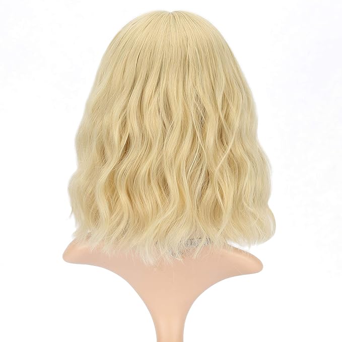 FAELBATY Blonde Wig With Bangs Short Wavy Bob Shoulder Length Synthetic Cosplay Wig for women Costume Wigs (12" Mix Blonde Color 6186)
