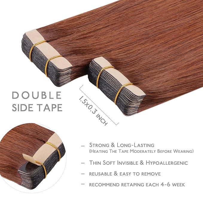 WENNALIFE Tape in Hair Extensions Human Hair, 20pcs 60g 26 inch Dark Auburn Copper Remy Hair Extensions Straight Human Hair Tape in Extensions Tape Ins Straight Extensiones De Cabello Humano