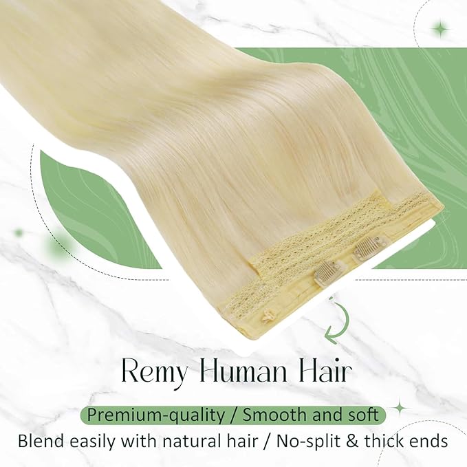 RUNATURE Wire Hair Extensions, Bleach Blonde Human Hair Extensions with Fish Line, Secret Clip in One Piece Extensions, Natural Remy Hair, Can Be Styled, 20 Inch 100g #24