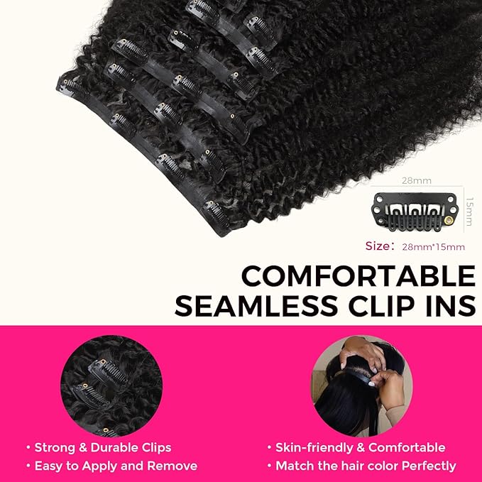 Lashey Seamless Clip in Hair Extensions Human Hair 110g 7pcs Afro Kinky Curly Clip in Hair Extensions 22 Inch Natural Black Color Hair Extension Clips