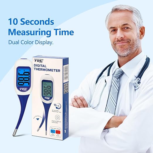 Large LCD Screen Digital Thermometer for Fever, 10 Seconds Fast & Accurate Readings, Large LCD Dual Color Backlight Flexible Tip Ideal for Adults Kids and Babies FSA