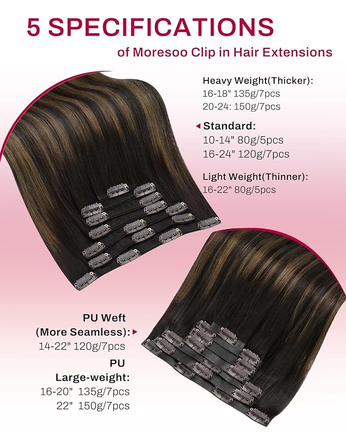 Moresoo Seamless Clip in Hair Extensions Balayage Seamless PU Weft Clip in Human Hair Extensions Ombre Dark Brown Mixed Chestnut Brown 7pcs 120g 22inch