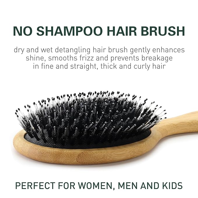 Boar Bristle Hair Brush,No Shampoo Hair Brush,Dry and Wet Detangling Gently Enhances Shine, Smooths Frizz and Prevents Breakage in Fine and Straight, Thick and Curly Hair