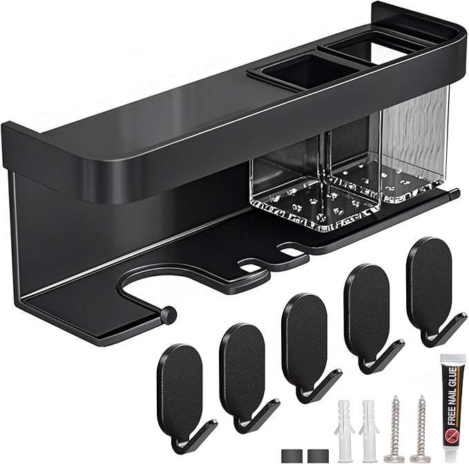 Wall-Mounted Hair Dryer Holder, Blow Dryer Holder, Space-Saving Bathroom, Bedroom Organizer Hair Dryer Stand for Home, Dorm, Salon Includes 5 PCS Carbon Steel Hooks (Black)