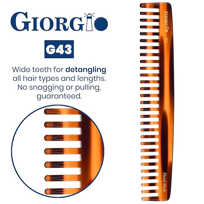 o G43 Large Hair Detangling Comb, Wide Teeth for Thick Curly Wavy Hair. Long Hairs Detangler Comb For Wet and Dry. Handmade large tooth comb, Saw-Cut, Hand Polished, Tortoise Shell (7.25")