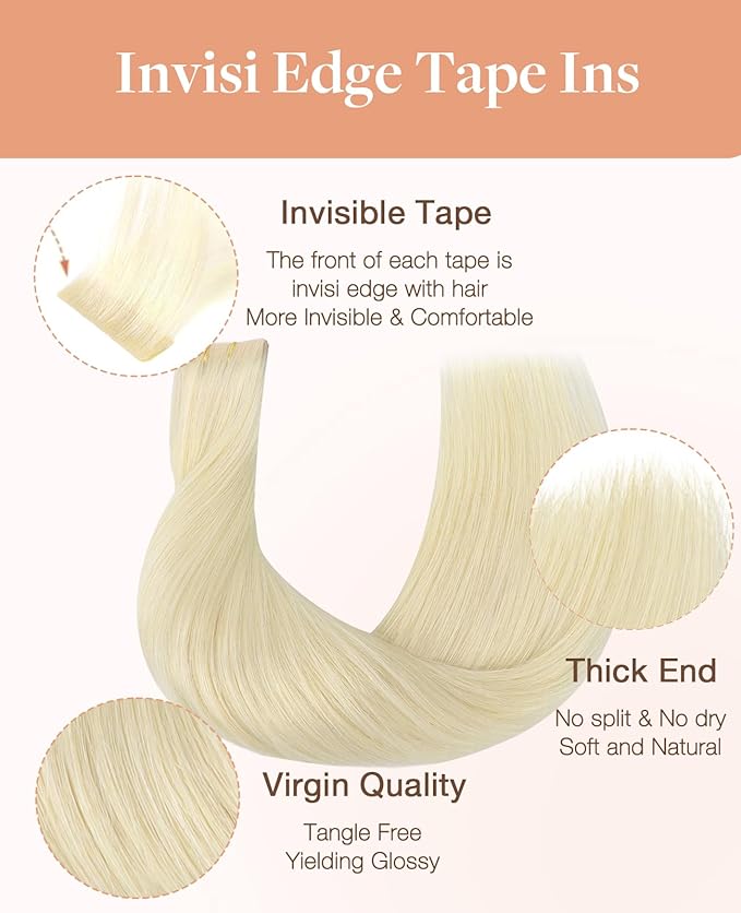 GOO GOO Invisi Edge Tape in Hair Extensions Human Hair, 60A Platinum Blonde 20pcs injected with 20pcs classical tape ins, 14inch 100g, Virgin Remy Hair, Natural Look