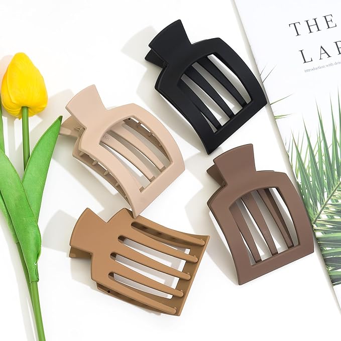4 PCS Flat Hair Clips for Women, Ergonomic Curved Claw Clips for Thick Thin Curly Hair, Round Flat Strong Hold No Slip Grip Claw Clips for All Hair Textures