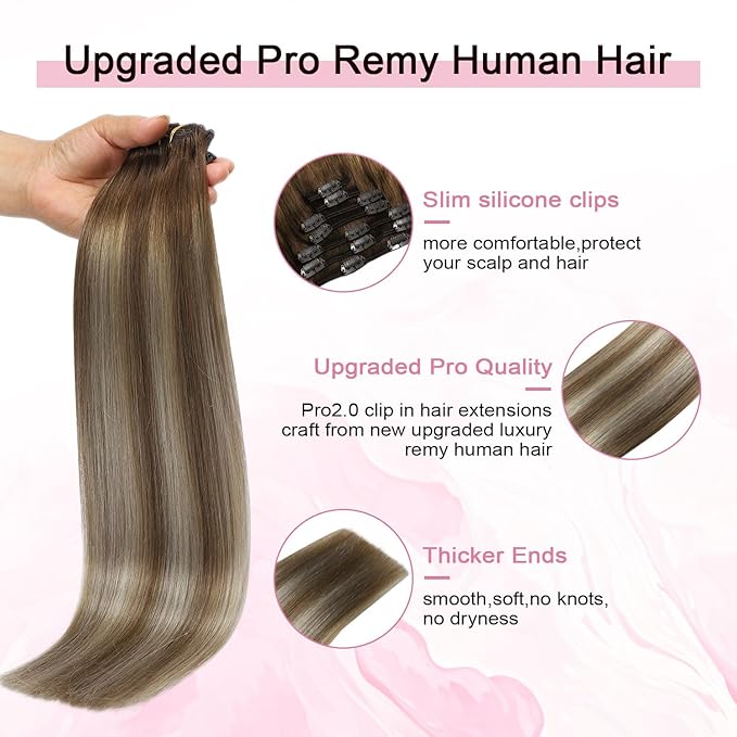 Pro2.0 Clip in Hair Extensions Real Human Hair 120g Thick 7pcs #3/8/22 Walnut Brown to Ash Brown and Golden Blonde Remy Real Human Hair Extensions Clip ins 14inch Double Weft（#3/8/22-14inch）