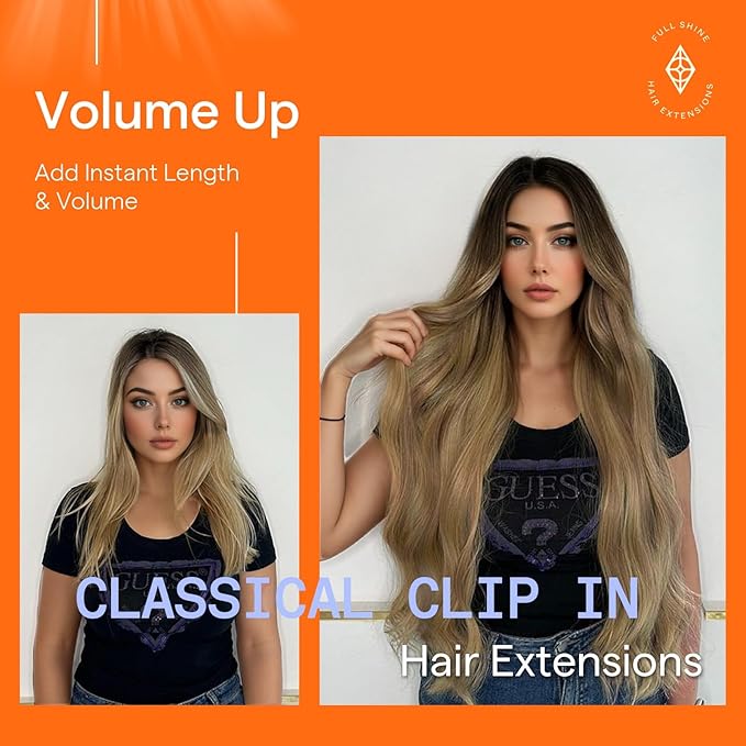 Full Shine Balayage Hair Extensions Clip in 20 Inch Dark Brown Ombre Ash Brown Mix Honey Blonde Balayage Remy Hair Extensions Clip in Human Hair 120 G 7 Pcs