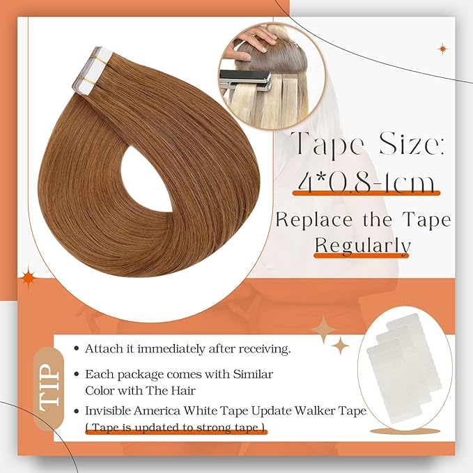 Full Shine Human Hair Tape in Extensions Color 330 Copper Brown Double Sided Tape in Hair Extensions Human Hair 14Inch Remy Hair Extensions 50Gram Seamless Skin Weft 20Pcs for Wedding