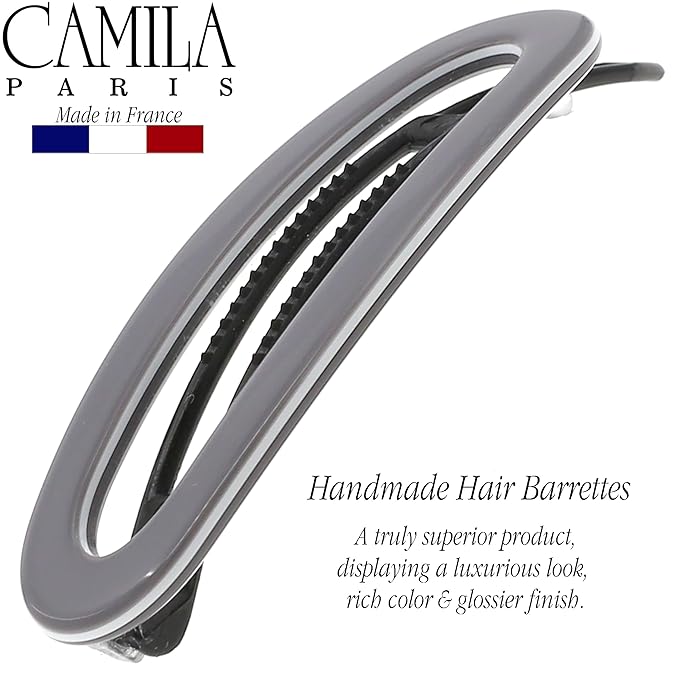 Camila Paris CP3366 French Hair Barrette Clip for Women, Handmade Gray White, Slide-in Metal-Free Closure, Strong Hold Grip Hair Clips for Girls, No Slip Durable Hair Accessories, Made in France