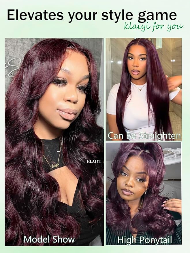 KLAIYI Black Cherry Loose Body Wave Pre Eeverything 13x4 Lace Frontal Wigs Human Hair Bye Bye Knots Glueless Ready to Wear and Go Wig with Face Framing Bangs Drawstring Pre Plucked Burgundy Wig 16Inch