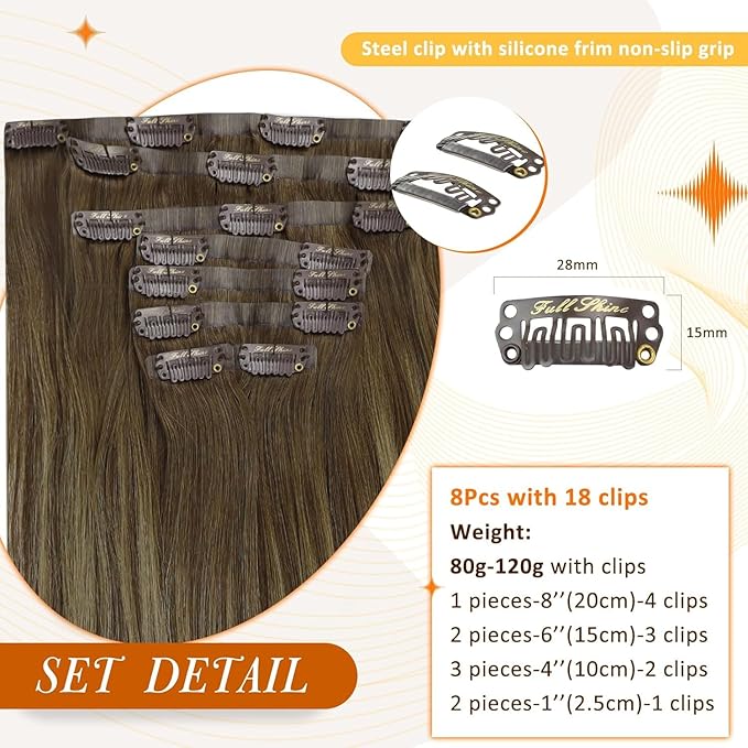 Full Shine Human Hair Clip in Extensions Brown Balayage Seamless Clip in Hair Extensions Human Hair Medium Brown with Honey Blonde Highlights Natural Seamless Look 18 Inch 8 Pcs 120 G