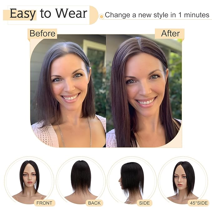 SEGO Human Hair Toppers for Women With Thinning Hair, 7 * 13CM Silk Base 100% Real Human Hair Clip in Top Wiglet Hairpieces //6 Inch No Bangs Natural Black