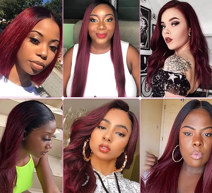 99j Bundles Human Hair Ombre Red Straight Bundle Niegmeag Brazilian Virgin Remy Hair 3 Bundles 22 24 26 Inch Double Weft 2 Tone Black and Burgundy Straight Bundle Hair Weave
