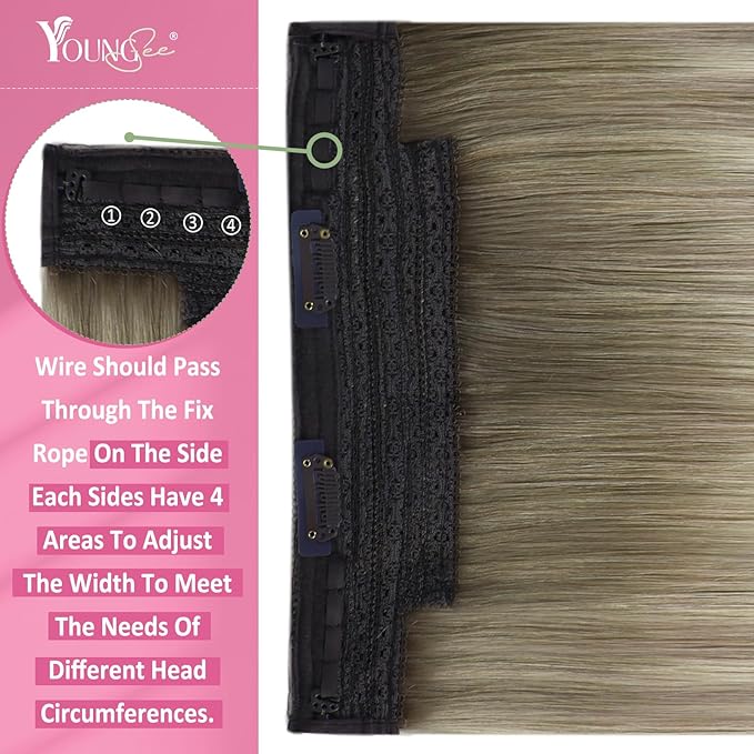YoungSee 135G Wire Hair Extensions Ombre Blonde Invisible Wire Human Hair Extensions Ash Blonde to Platinum Human Hair Fish Line Extensions Long Straight Hair 24Inch