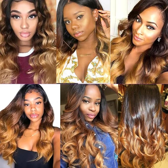 30 32 34 Inch Ombre Bundles Human Hair 4/27 Body Wave Bundles Niegmeag Virgin Soft and Silky Remy Hair Extensions Double Weft 3 Tone Honey Blonde and Brown Body Wave Bundle