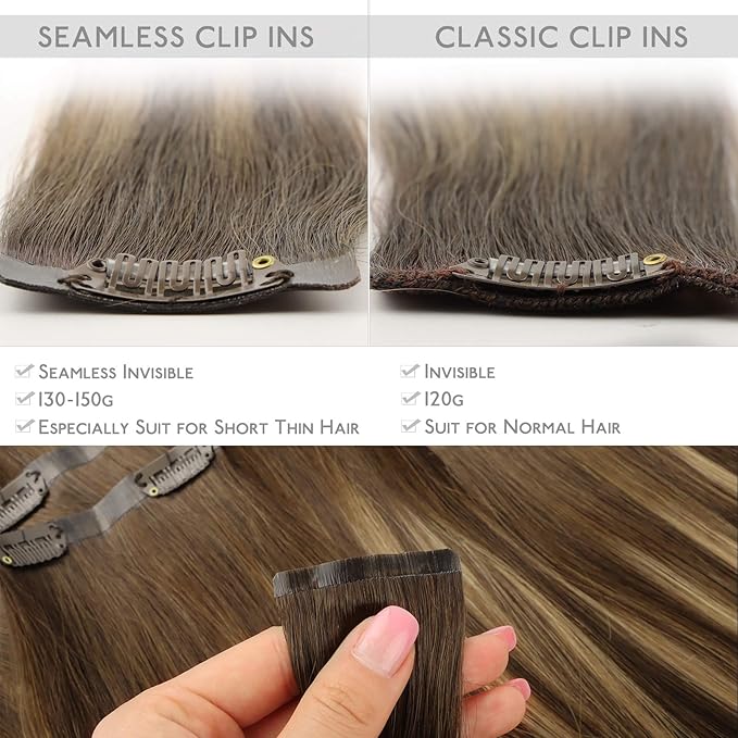 WENNALIFE Seamless Clip In Hair Extensions, 22 Inch 150g 7pcs Balayage Chocolate Brown to Caramel Blonde, Clip In Human Hair Invisible PU Skin Weft Natural Remy Human Hair Extensions