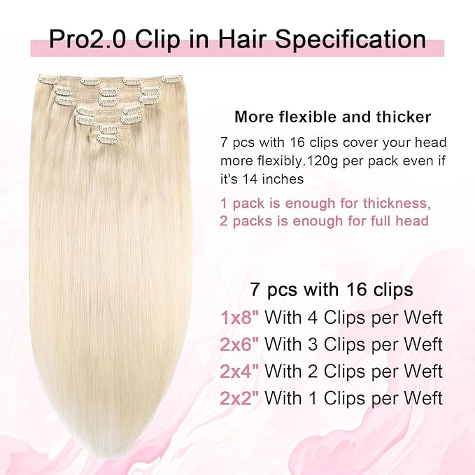 Pro2.0 Remy Real Human Hair Extensions Clip ins 120g Thick 7pcs Color #60 Platinum Blonde Remy Clip in Hair Extensions Real Human Hair 16inch Seamless Double Weft for Women（#60-16inch）