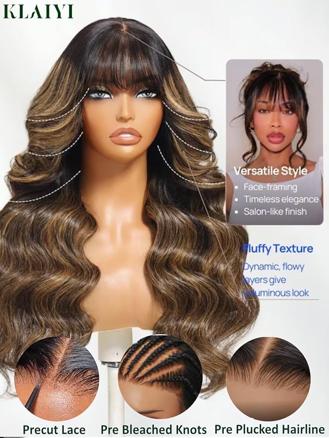 KLAIYI Ombre Brown Loose Body Wave Bye Bye Knots Glueless Precut 7x5 HD Lace Front Human Hair Bang Wig Drawstring Highlight Balayage Brown Pre Plucked Bleached 30S Ready to Wear and Go Wig 180% 18Inch