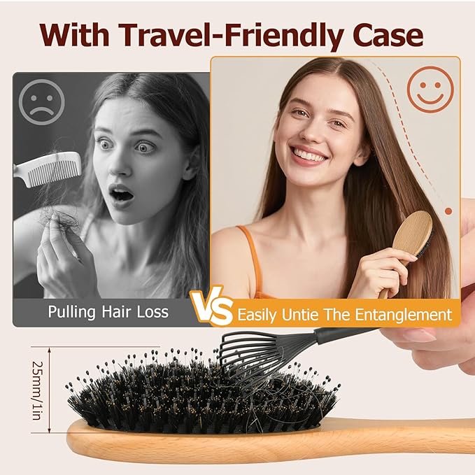 Boar Bristle Hair Brush Gift Set for Women & Men, 100% Natural Bristle & Nylon, Reduces Frizz & Static, Gentle Detangling for All Hair Types Thick Thin Curly Straight, Large Size