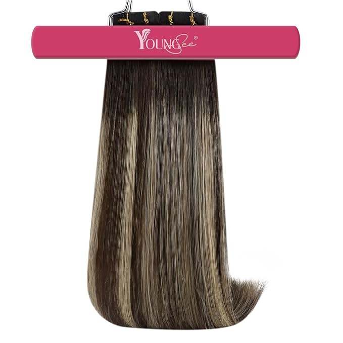 YoungSee Invisible Tape in Hair Extensions Balayage Tape in Hair Extensions Human Hair Dark Brown Roots Ombre Ash Blonde Tapein Extension Real Human Hair for Short Hair 12Inch 20pcs 30g