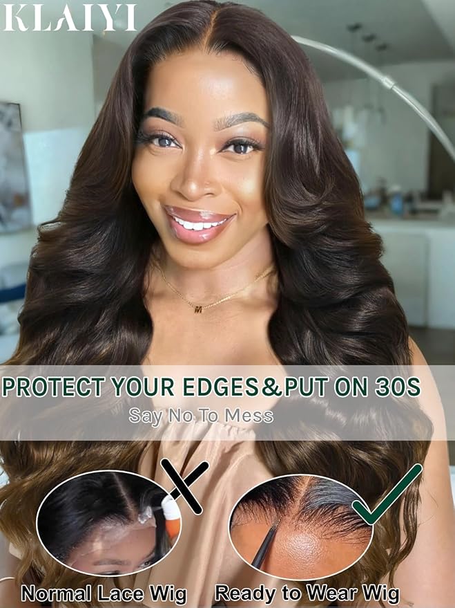 KLAIYI Ombre Brown Loose Body Wave 13x4Pre Everything Lace Frontal Chestnut Brown Drawstring Wig with Face Framing Layers Precut Lace Pre Plucked Bleached Bye Bye Knots Ready to Wear and Go Wig 22Inch