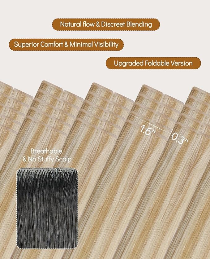 VINBAO Invisi Edge Tape in Hair Extensions Human Hair, 18in 50g 20pcs Caramel Blonde Highlights Platinum Blonde, Invisible Injected Tape Ins Luxury Remy Hair 18inch #27P60