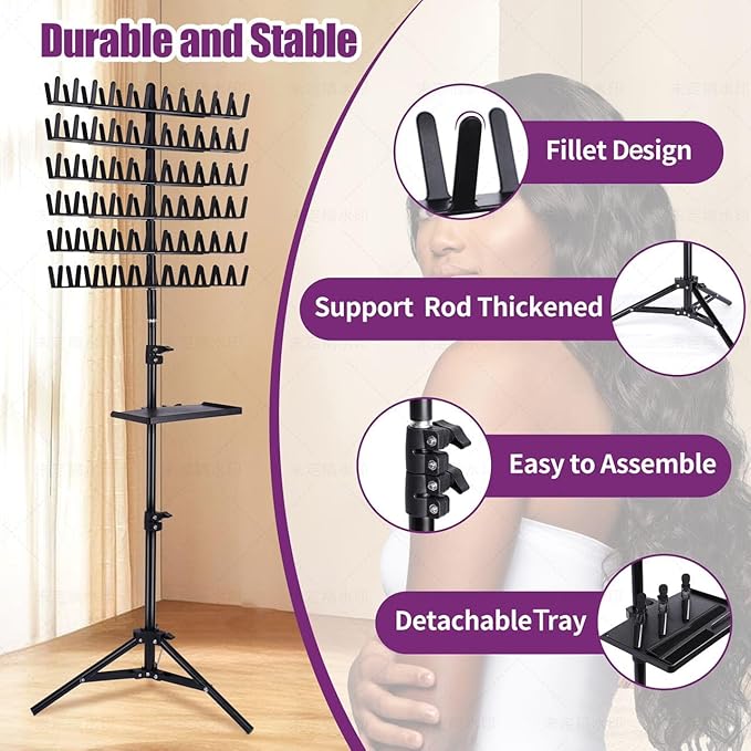 CF Braiding Hair Rack with Detachable Tray, Height Adjustable Braiding Rack 2-sided 144 Pegs Hair Extension Holder, Hair Stand with Storage Bag & Stylist Hair Braiding Accessories for Hair Salon