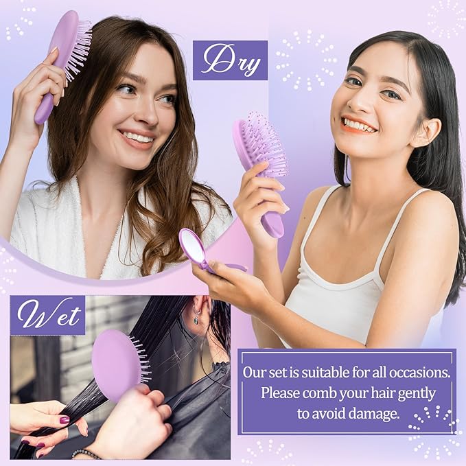 Meanplan 24 Pcs Mini Hair Brush Set 12 Travel Wet Dry Hair Combs Pocket Detangling 12 Compact Folding Makeup Mirrors for Spa Sleepover Birthday Bridal Shower Bachelorette Christmas Party Gift(Purple)