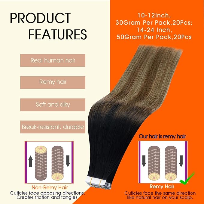 Full Shine Balayage Tape in Hair Extensions Real Human Hair 12Inch Real Tape Extensions 30G 20Pcs Seamless Remy Skin Weft Black Ombre Pu Adhesive Hair Extension 1B/6/27 Black And Blonde Soft Natural