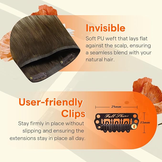 Full Shine Seamless Clip in Hair Extensions Real Human Hair, Darker Brown to Ash Brown Highlight Medium Blonde PU Weft Seamless Hair Extensions Clip in for Thin Hair, 4Pcs 12Inch 55 grams