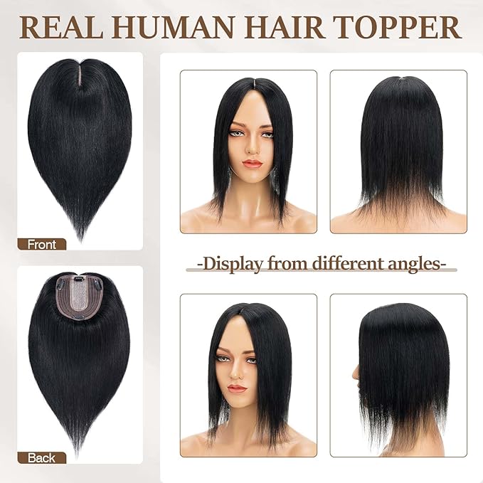 Rich Choices Hair Toppers for Women Real Human Hair 100% Human Remy Toppers NO Bangs for Women with Thinning on Top Clip in Hairpiece 4"x4.7"Lace Base 6 Inch #1 Jet Black