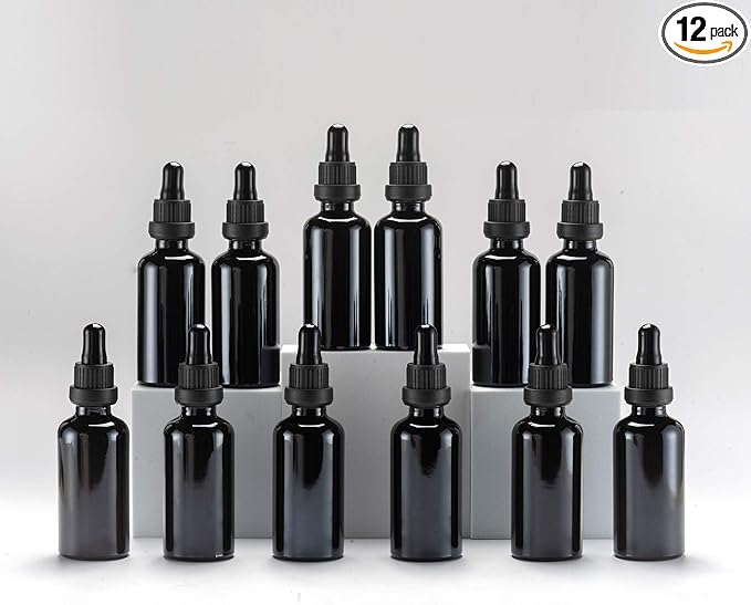 YIZHAO Black Glass Dropper Bottle 2oz, Tincture Bottles with Glass Dropper, for Essential Oils, Aromatherapy, Cosmetic, Laboratory, Pharmacy, Liquids, Travel –12 Pcs