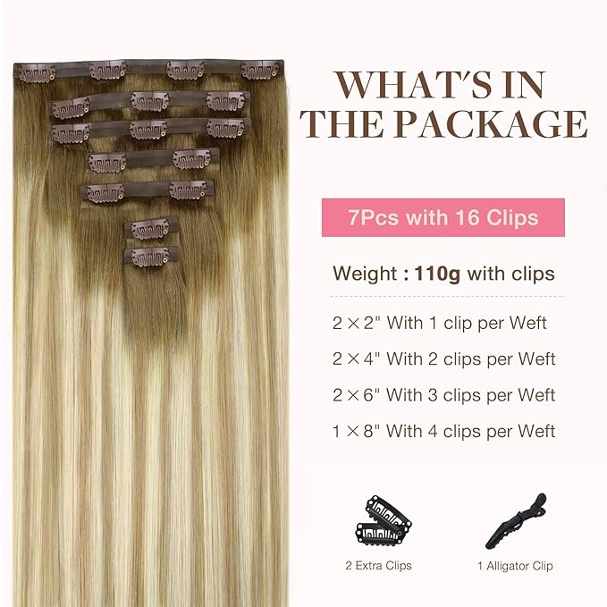 GOO GOO Clip in Hair Extensions Real Human Hair, Remy Human Hair Extensions Clip ins for Women, Natural Human Hair, 22inch 110g 7Pcs, 5A/90/16F Bahamian Balayage