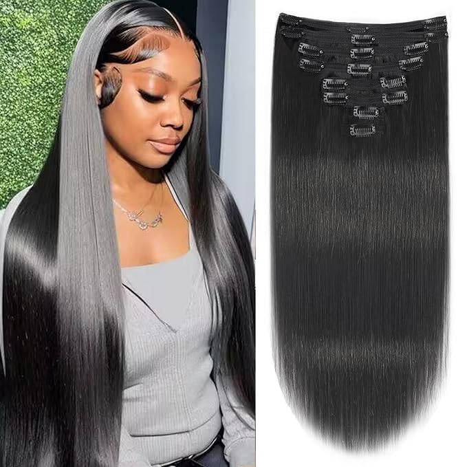 Clip in Hair Extensions Real Human Hair For Women 100% Unprocessed Brazilian Virgin Hair Straight Clip ins 8pcs With 18 Clips 120g(22inch,#1B)