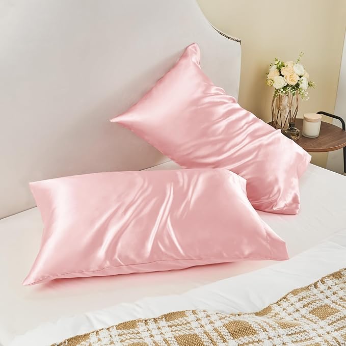 BEDELITE Satin Pillowcase for Hair and Skin, Super Soft and Cooling Similar to Silk Pillow Cases 2 Pack with Envelope Closure, Gift for Women Men(20"x26" Standard Size, Pink)