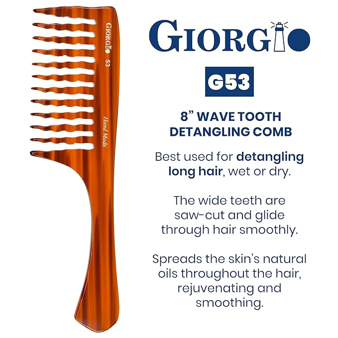 Giorgio G53 Wide Tooth Comb for Curly and Thick Hair - Large Handmade Rake Detangler for Wet or Dry Hair, Hand-Polished (8")