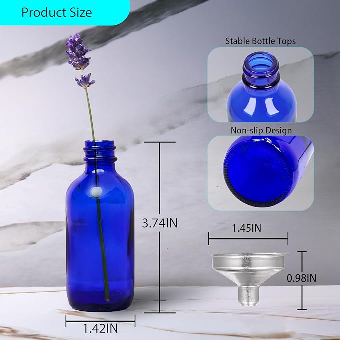 DIDITIME 2 oz Shot Bottles with Caps & Stainless Steel Funnels, Juicing Bottle Reusable Glass, 60ml Small Jars with Lids for Potion, Ginger Shots, Oils, Juice (Cobalt Blue, 6-pack)