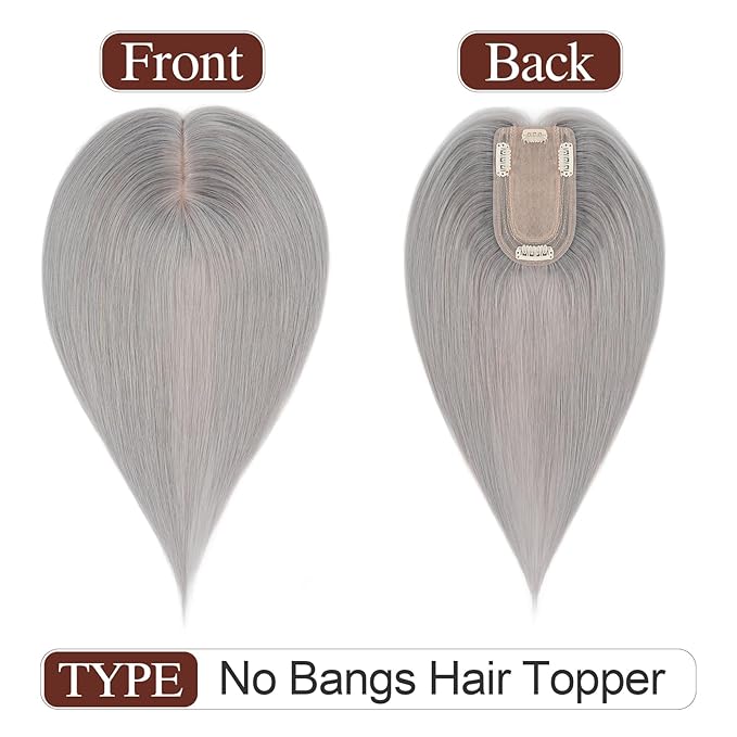 SEGO Hair Topper for Women, No Bangs Real Human Hair Topper with Anti-Slip Clips (6 Inches #Grey)
