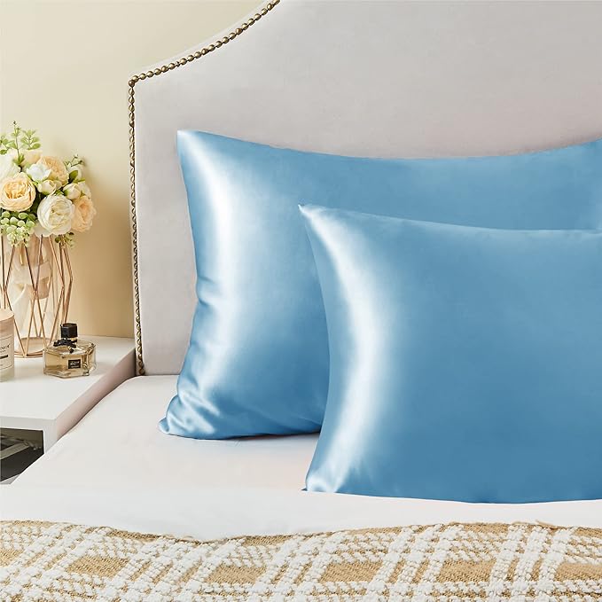 BEDELITE Satin Pillowcase with Zipper 2 Pack, Blue Pillow Cases Standard Size, Super Soft and Cooling Similar to Silk Pillow Cases, Gift for Women Men(20x26 Inches)