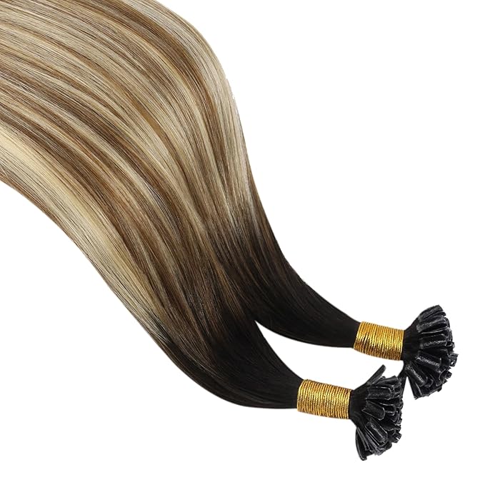 YoungSee U Tip Hair Extensions Brown Balayage Utip Hair Extensions Human Hair Brown Ombre Blonde Utip Human Hair Extension 16In U-Tips Hair Extension Soft Keratin Human Hair 50s/50g for Adding Volume