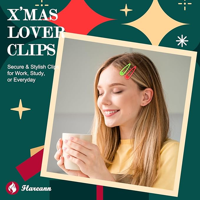 Party Snap Hair Clips by FLAREANN – 36 PCS 2 Inch Non-Slip Metal Barrettes in Glitter, Shimmer, Enamel & Metallic Finishes – Red Green Gold & Silver Hair Accessories